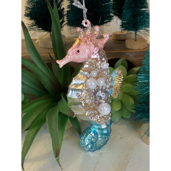 Robert Stanley Blown Glass Beaded Seahorse Christmas Ornament 5" x 2.5" U17a - Picture 4 of 4